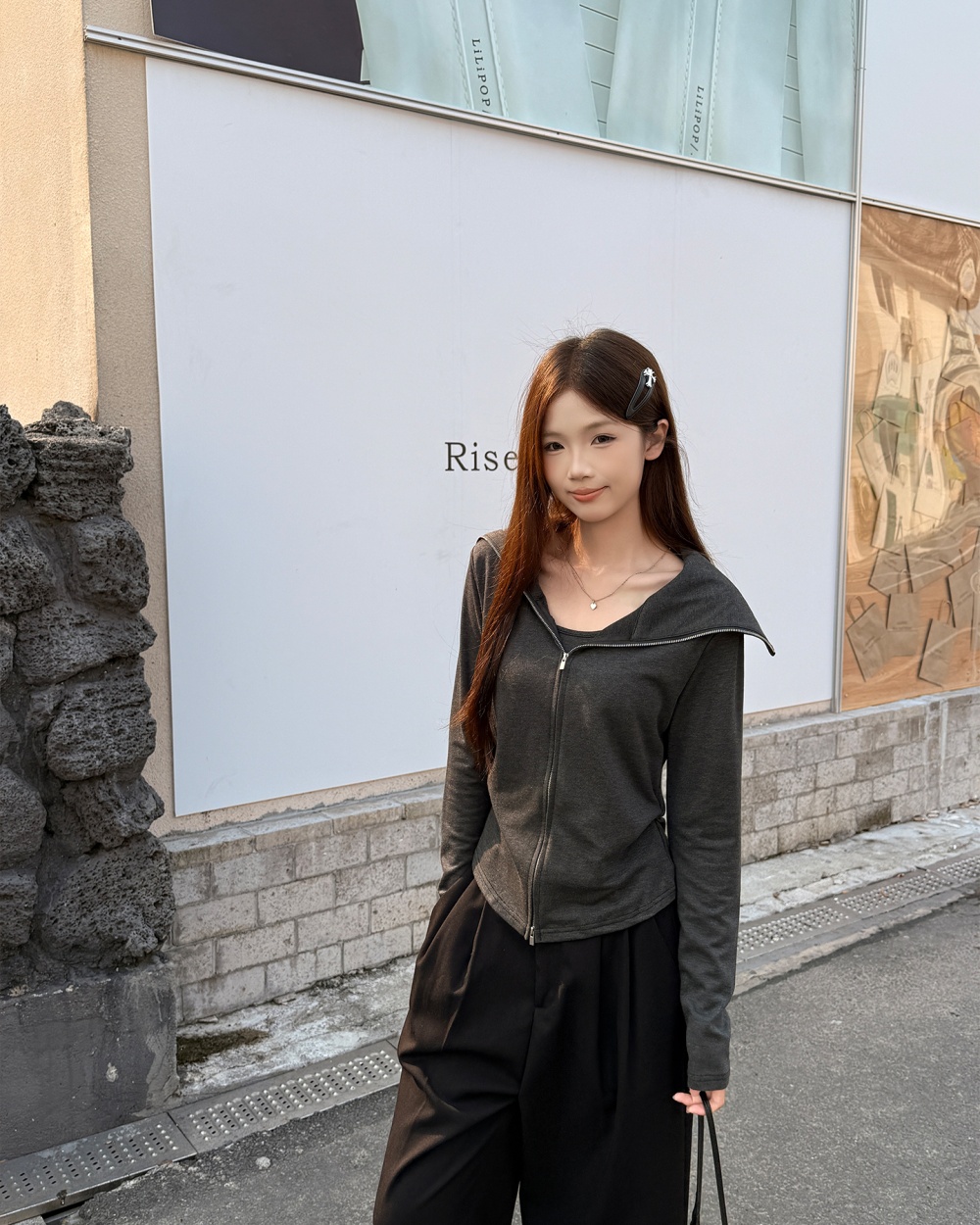 Gray Pseudo-two lapel T-shirt slim pinched waist tops