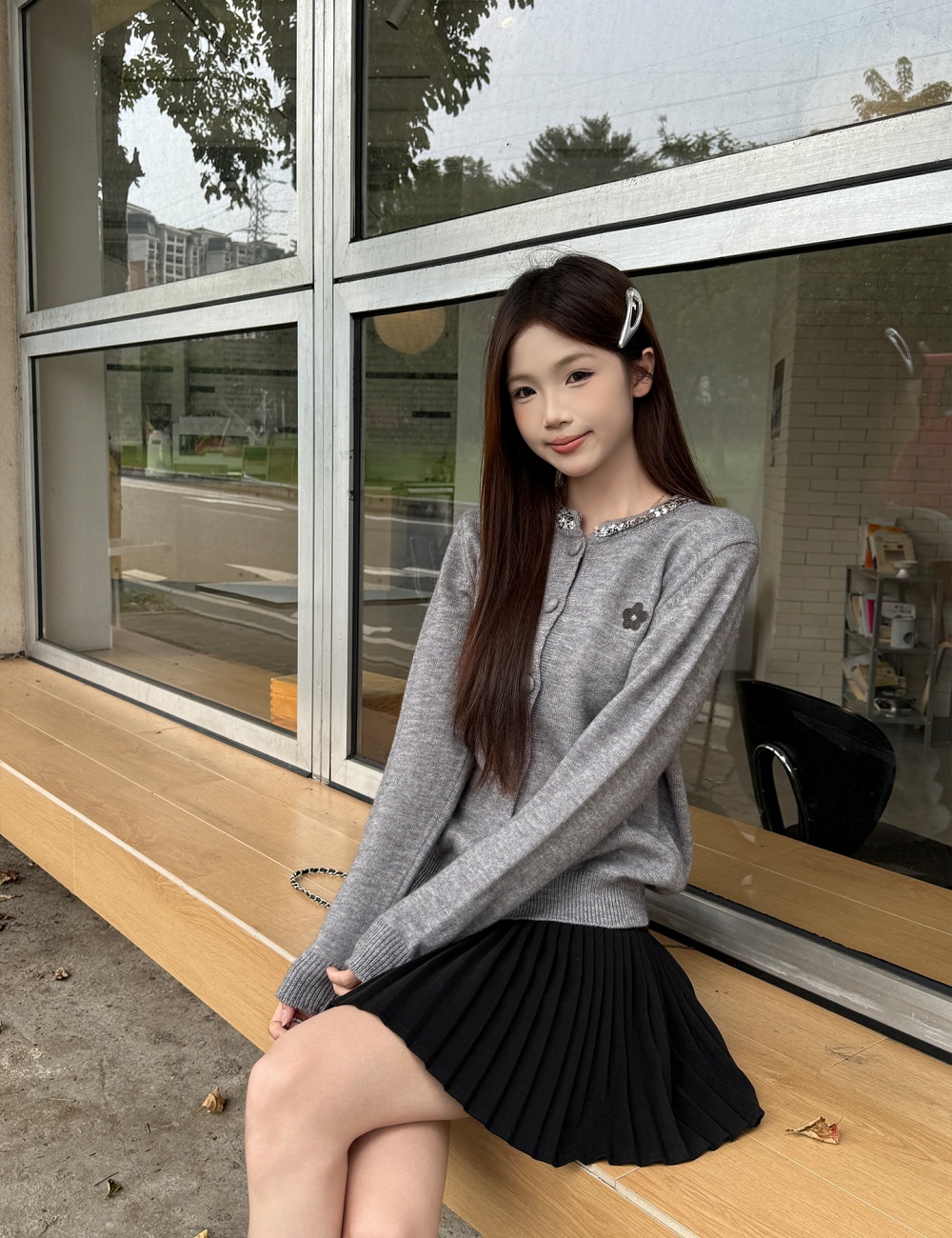 Knitted autumn and winter coat gray cardigan for women