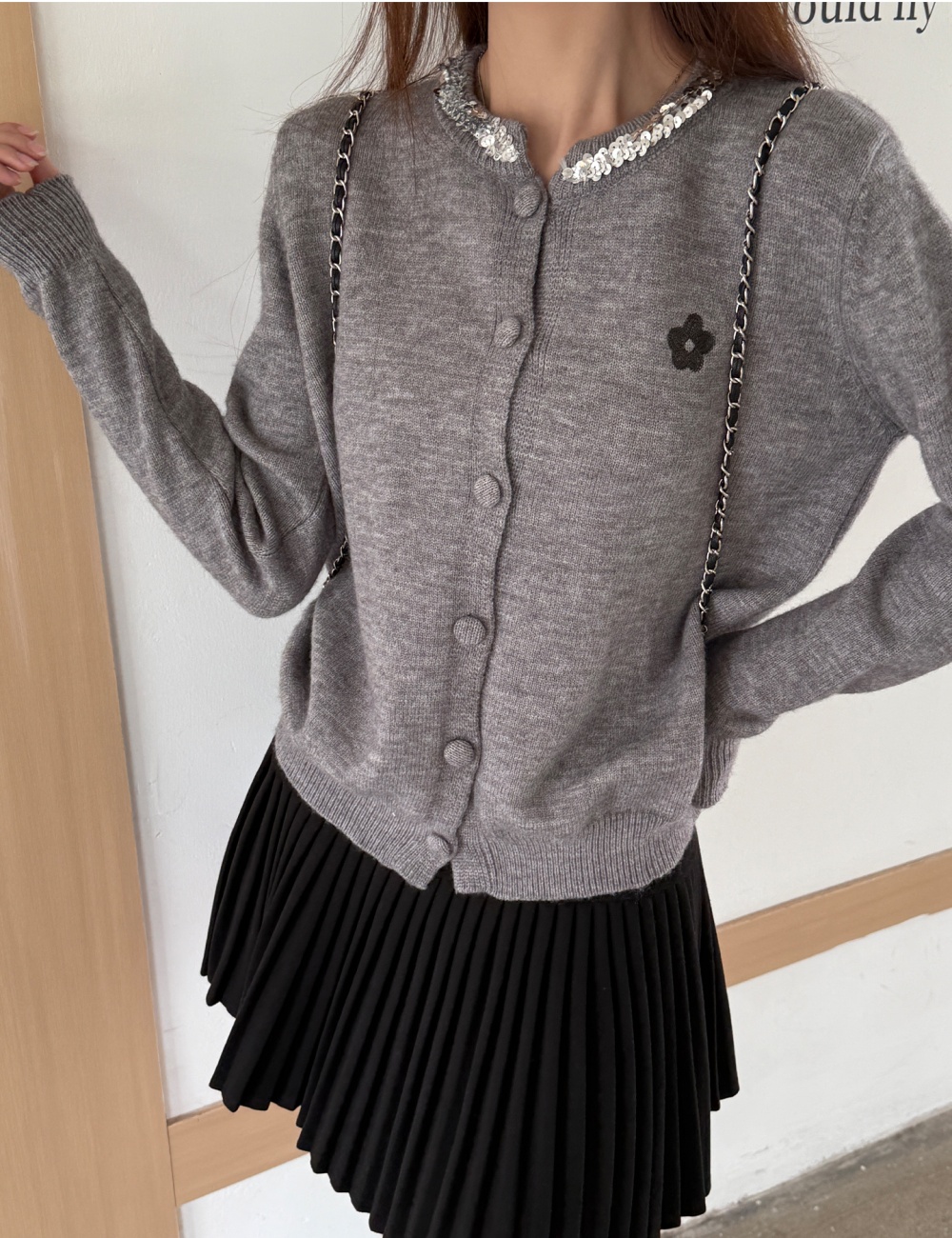 Knitted autumn and winter coat gray cardigan for women