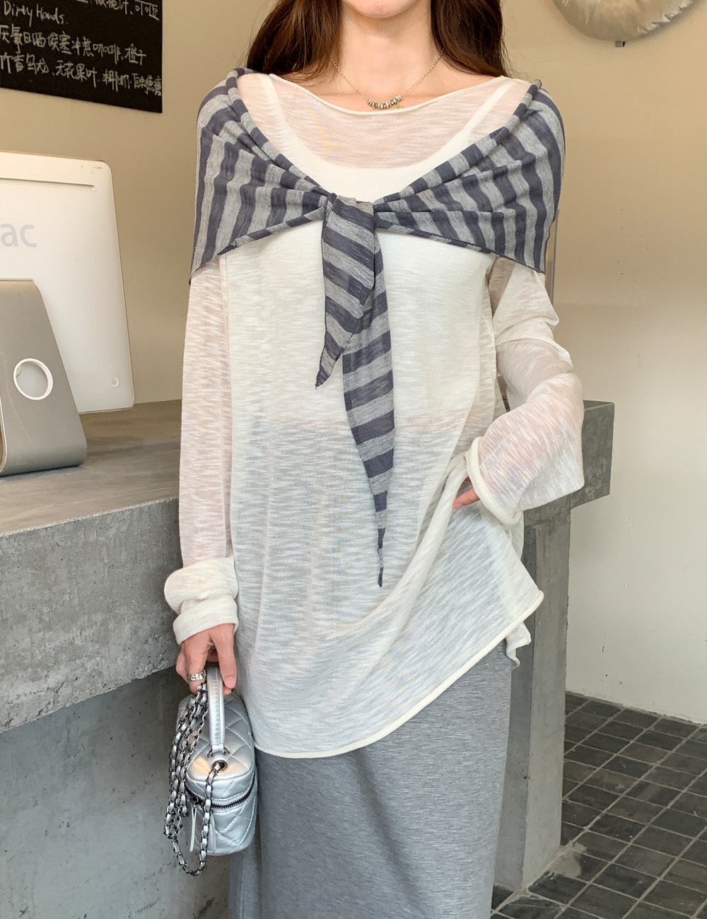 Bottoming long sleeve sweater flat shoulder smock for women