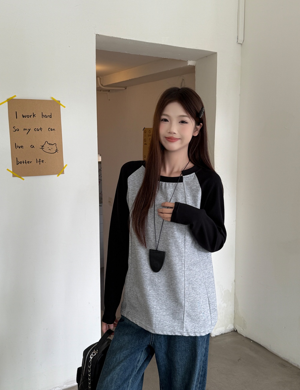 Retro loose long sleeve T-shirt raglan sleeve niche autumn tops