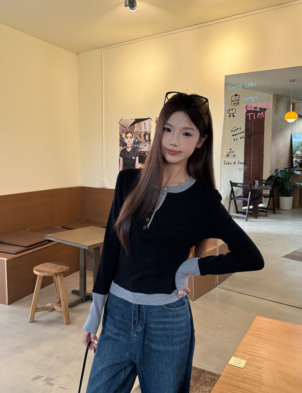 All-match T-shirt Pseudo-two bottoming shirt for women