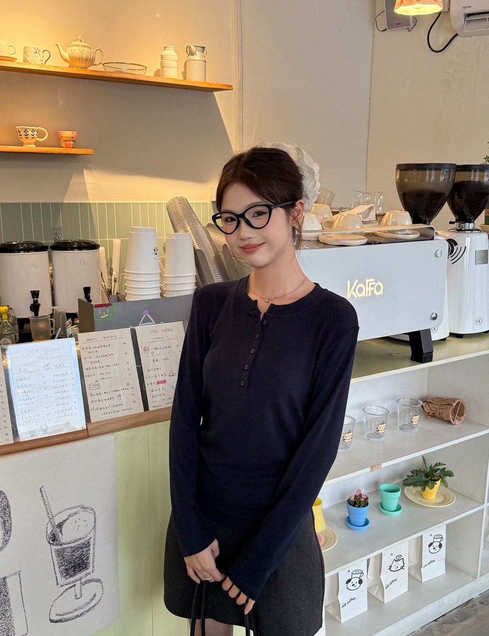 Long sleeve American style T-shirt retro tops for women