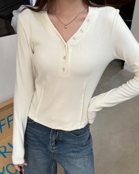 Sueding autumn tops short V-neck bottoming shirt for women