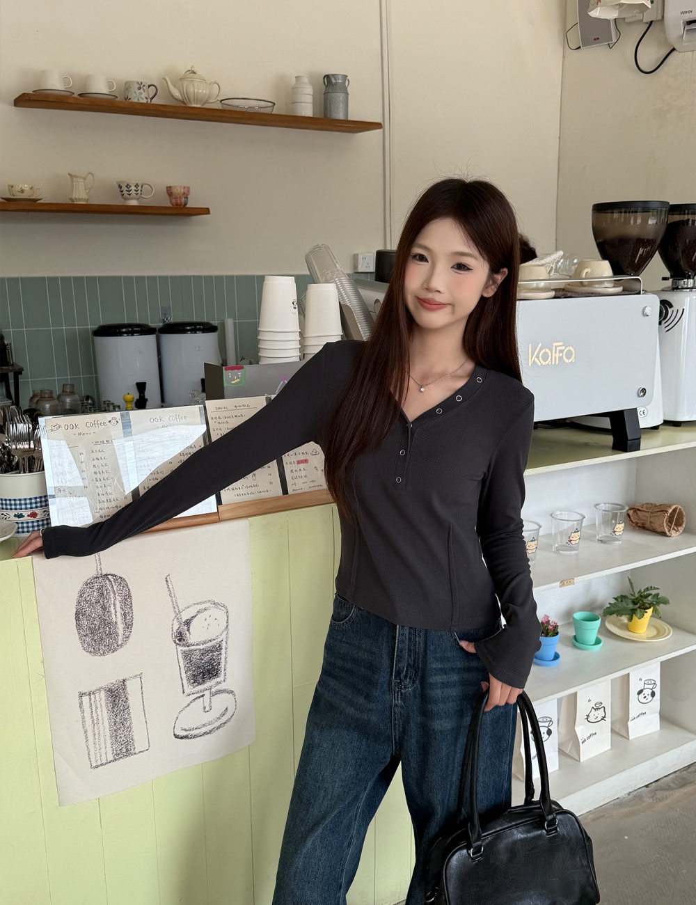 Sueding autumn tops short V-neck bottoming shirt for women