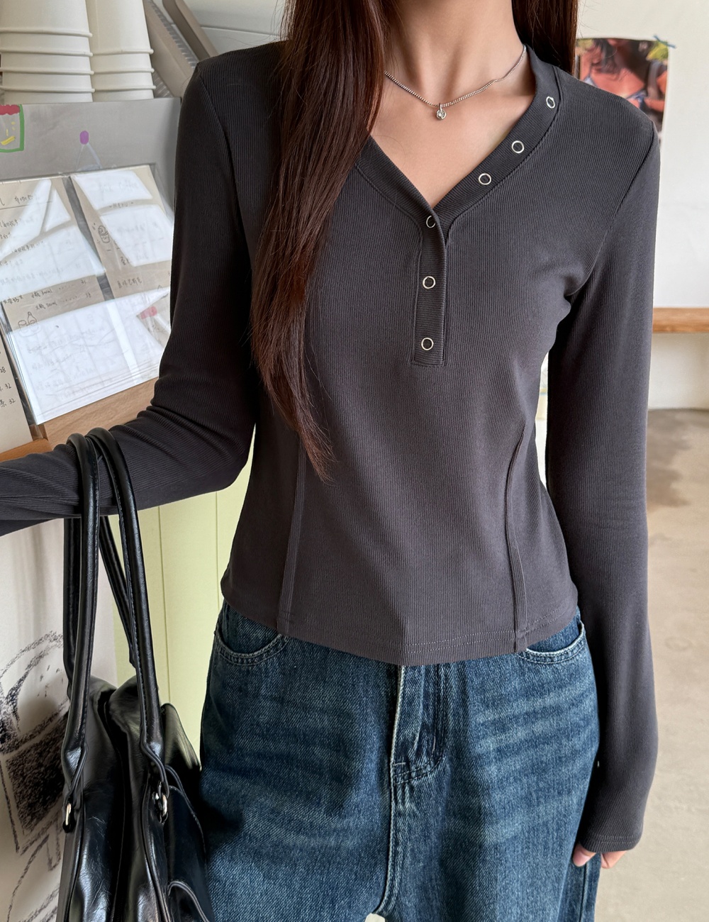 Sueding autumn tops short V-neck bottoming shirt for women