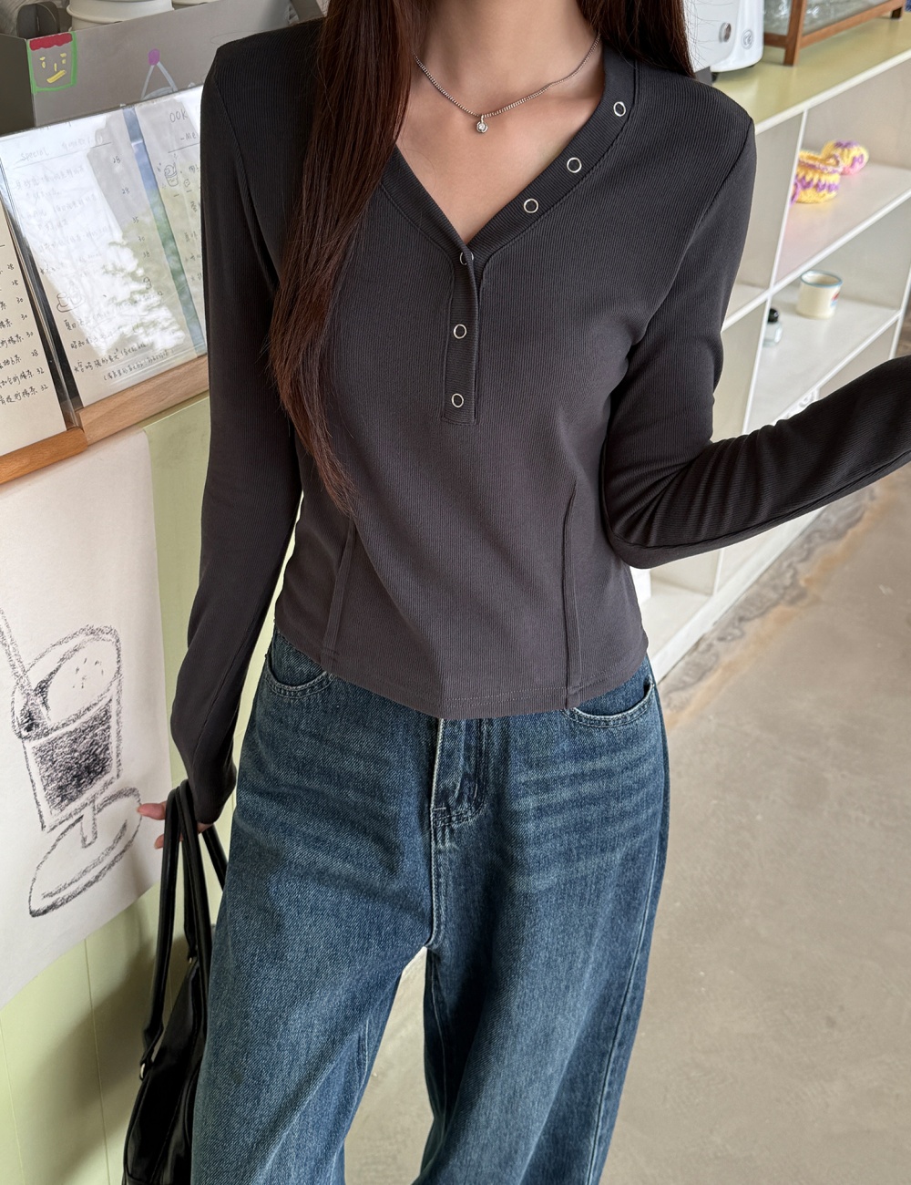 Sueding autumn tops short V-neck bottoming shirt for women