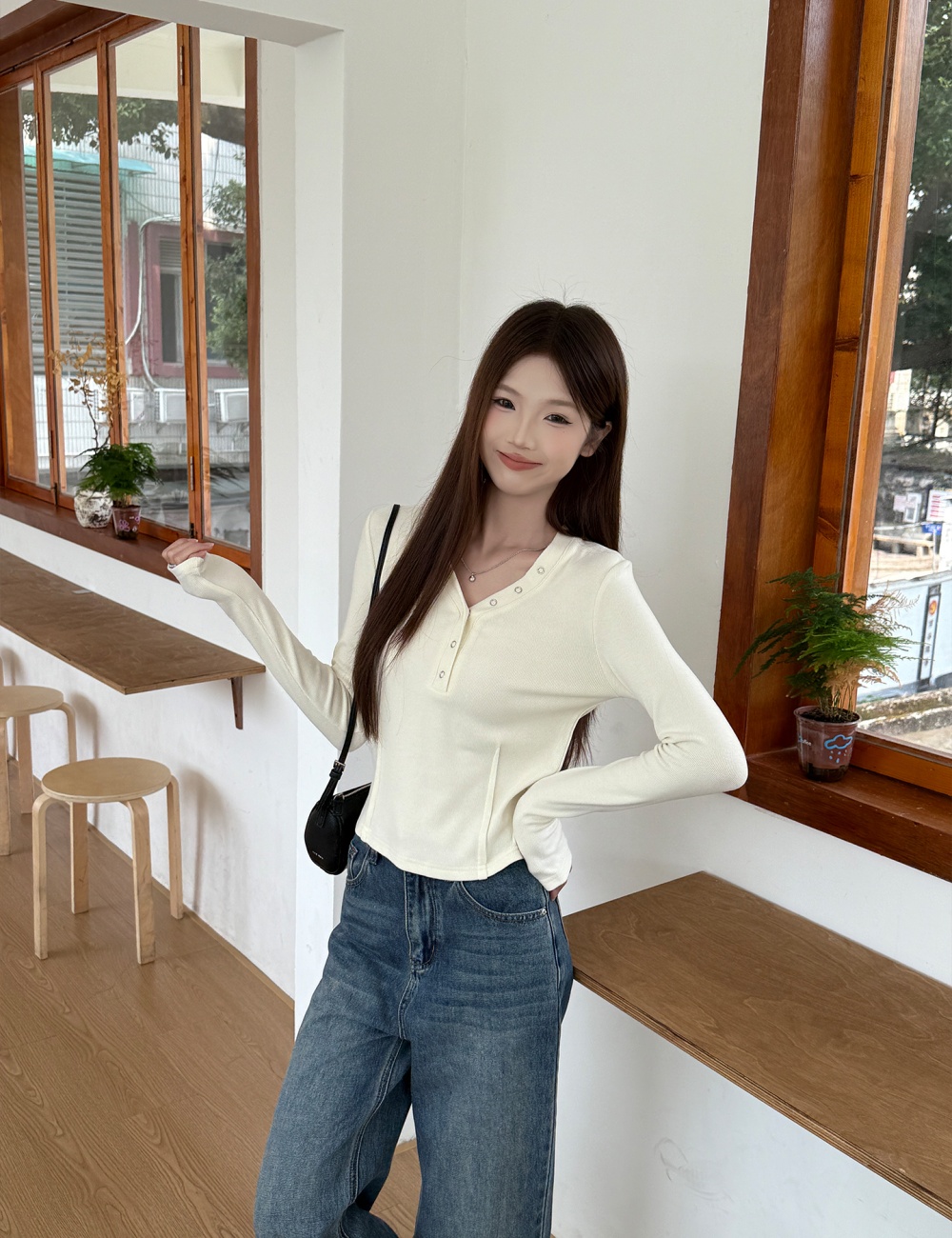 Sueding autumn tops short V-neck bottoming shirt for women