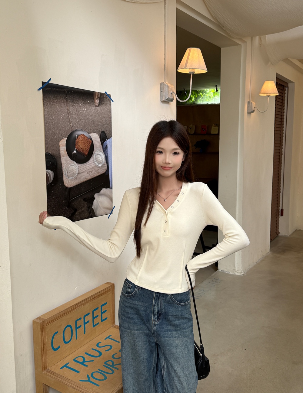 Sueding autumn tops short V-neck bottoming shirt for women