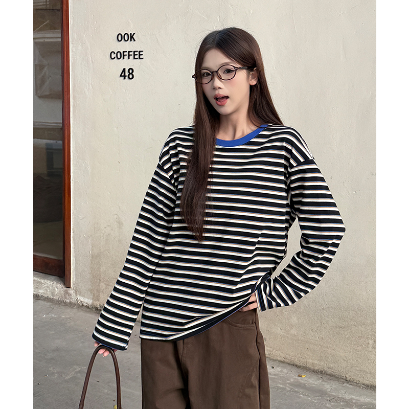 Loose T-shirt stripe bottoming shirt for women