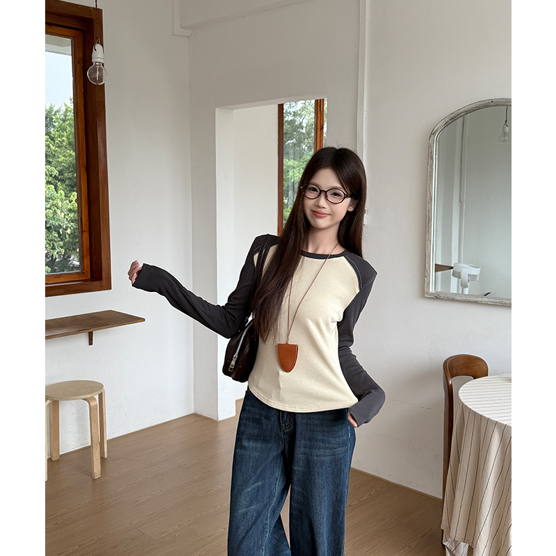 Retro temperament tops American style raglan sleeve T-shirt