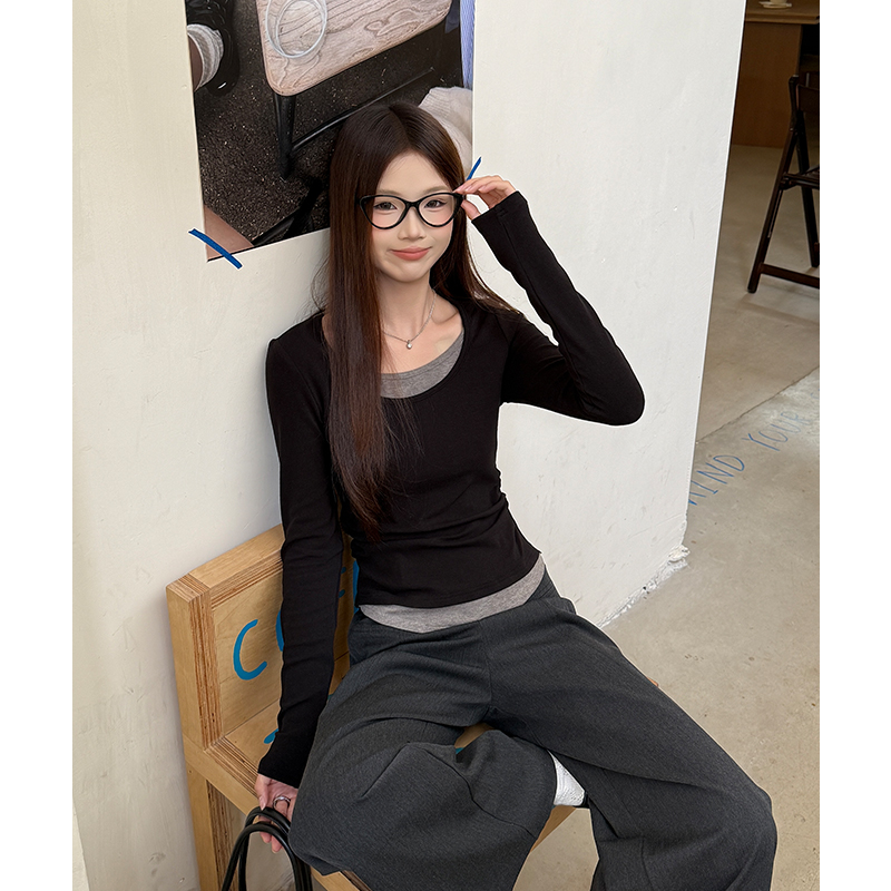 Pinched waist fold T-shirt navy-blue bottoming shirt