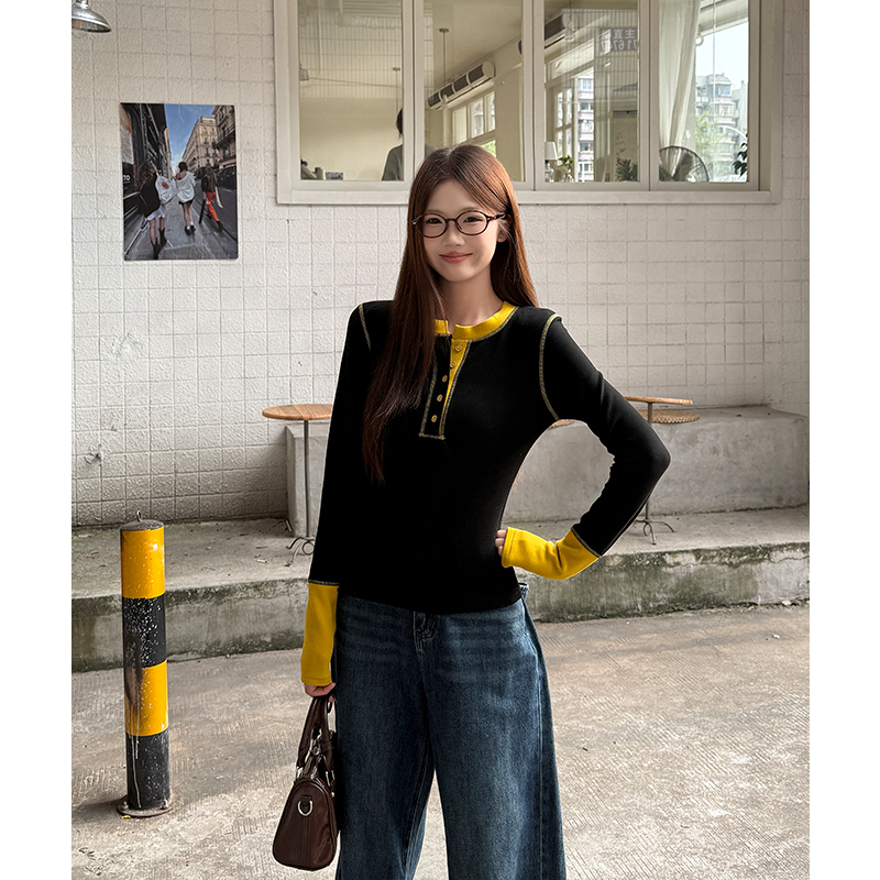 Splice slim round neck pinched waist T-shirt for women