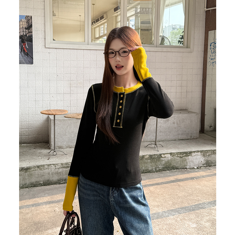 Splice slim round neck pinched waist T-shirt for women