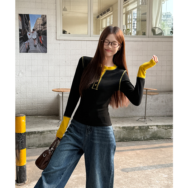 Splice slim round neck pinched waist T-shirt for women