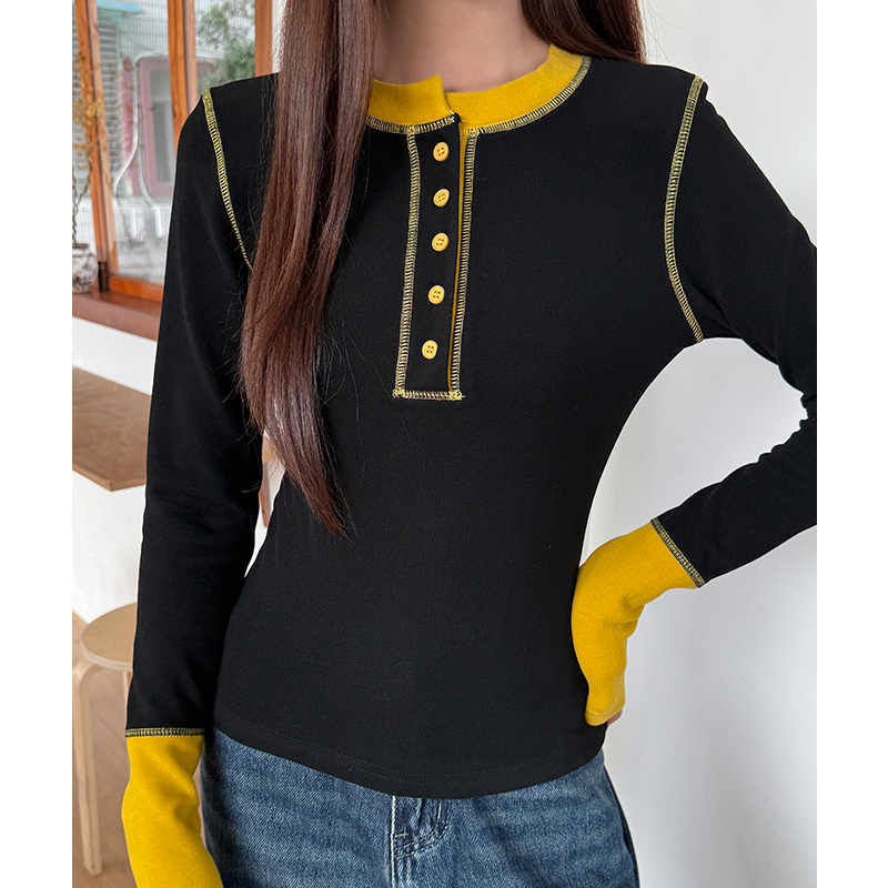 Splice slim round neck pinched waist T-shirt for women