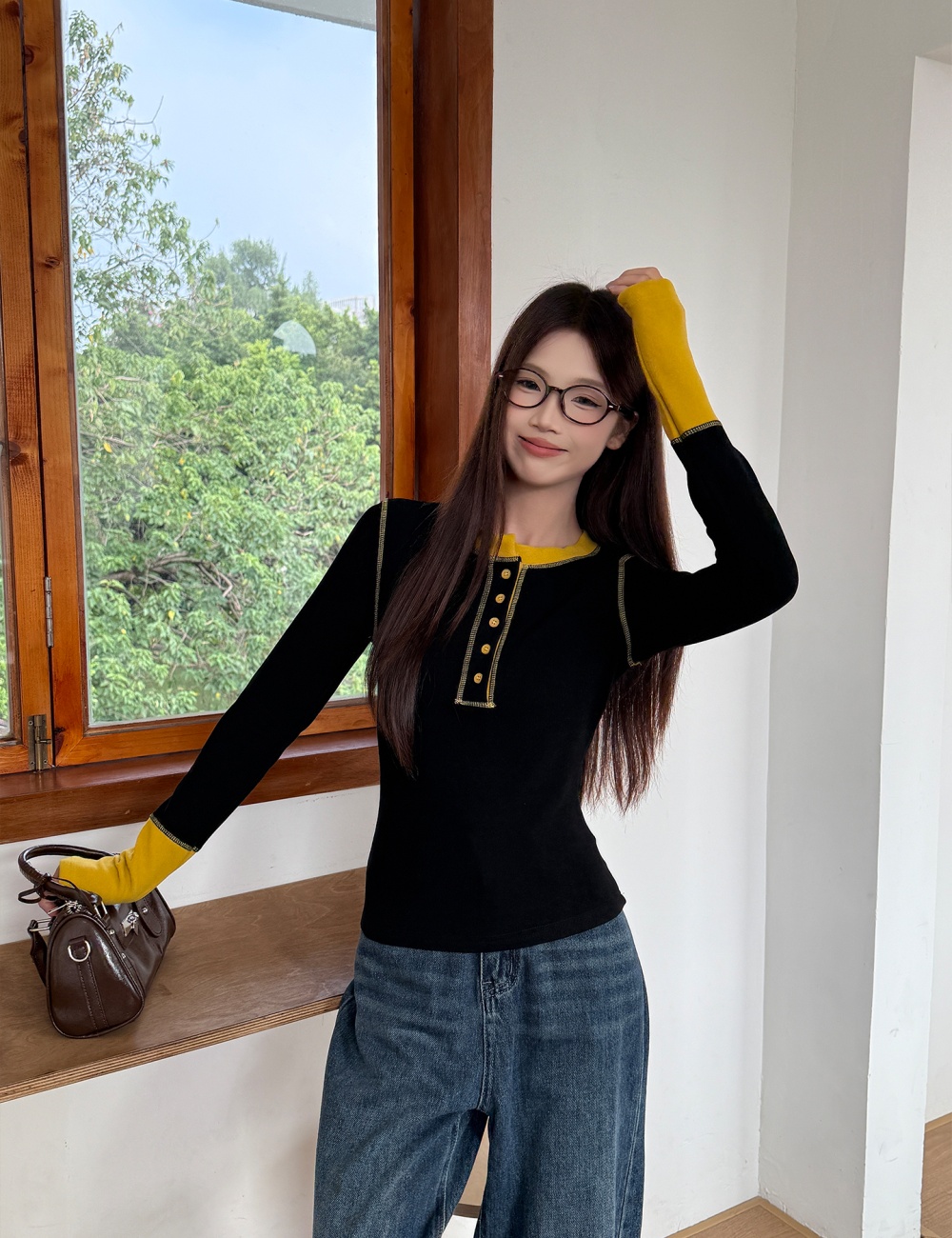 Splice slim round neck pinched waist T-shirt for women