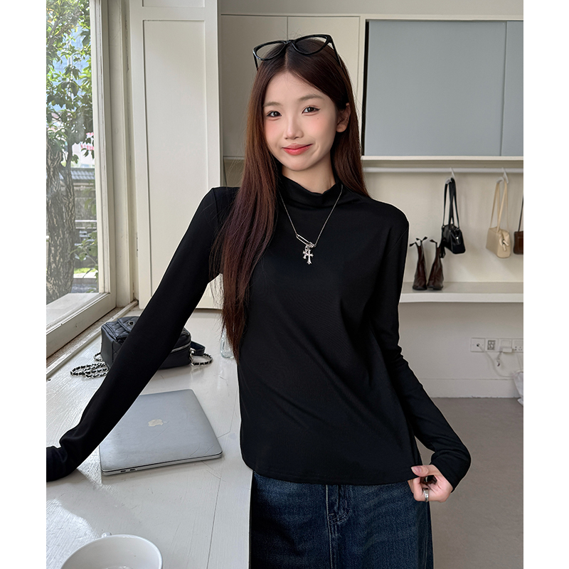 Autumn half high collar black long sleeve simple slim tops