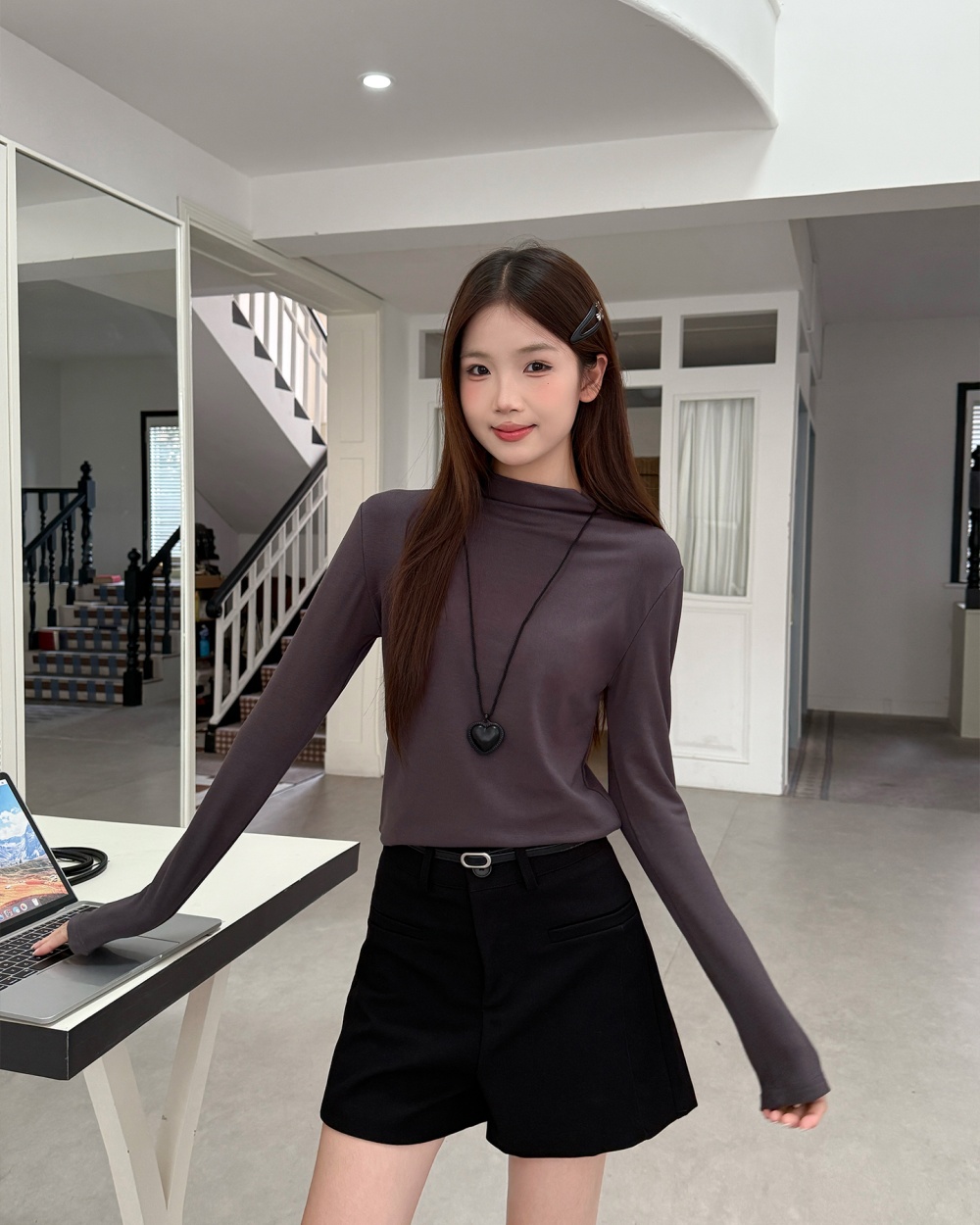 Autumn half high collar black long sleeve simple slim tops