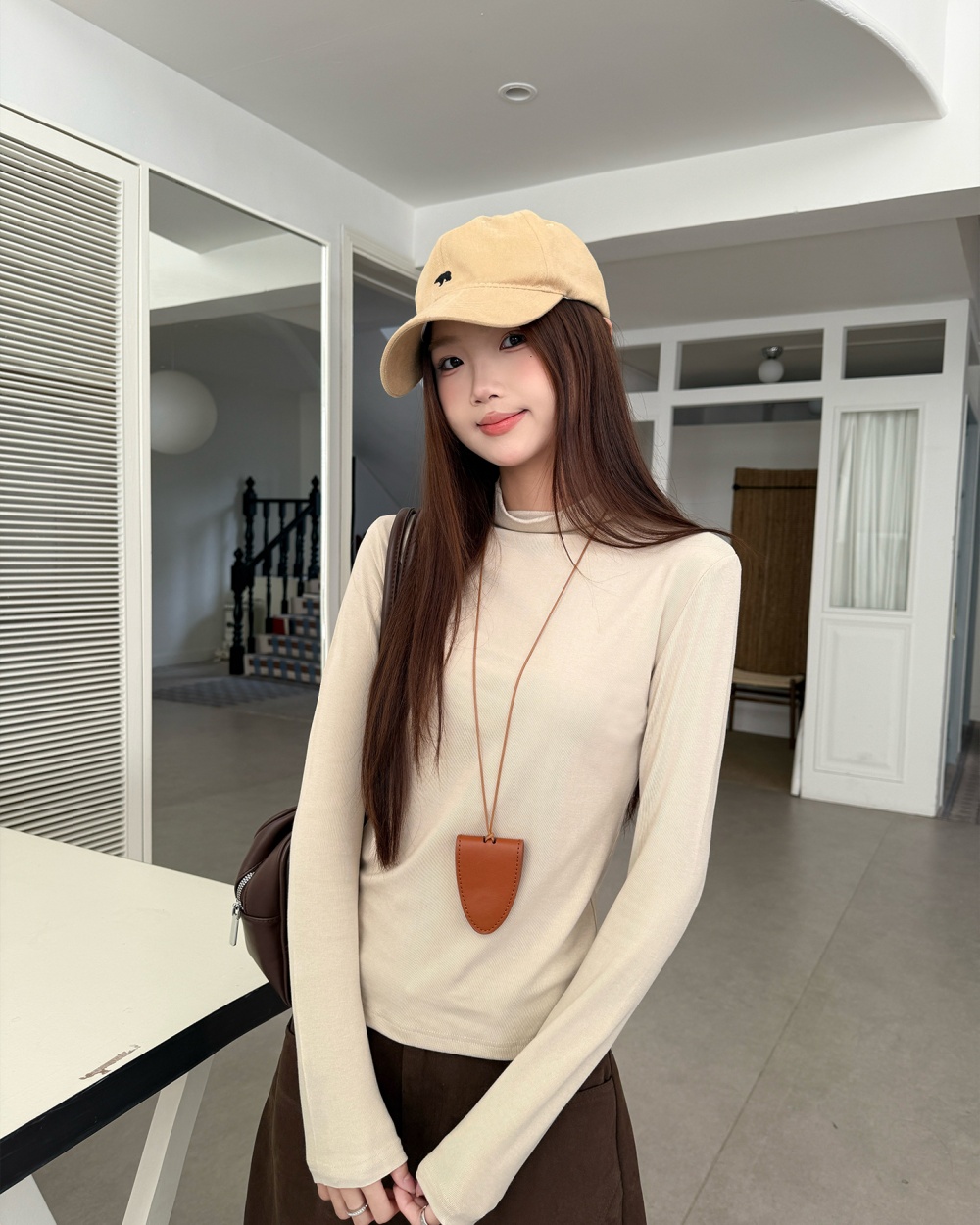 Autumn half high collar black long sleeve simple slim tops