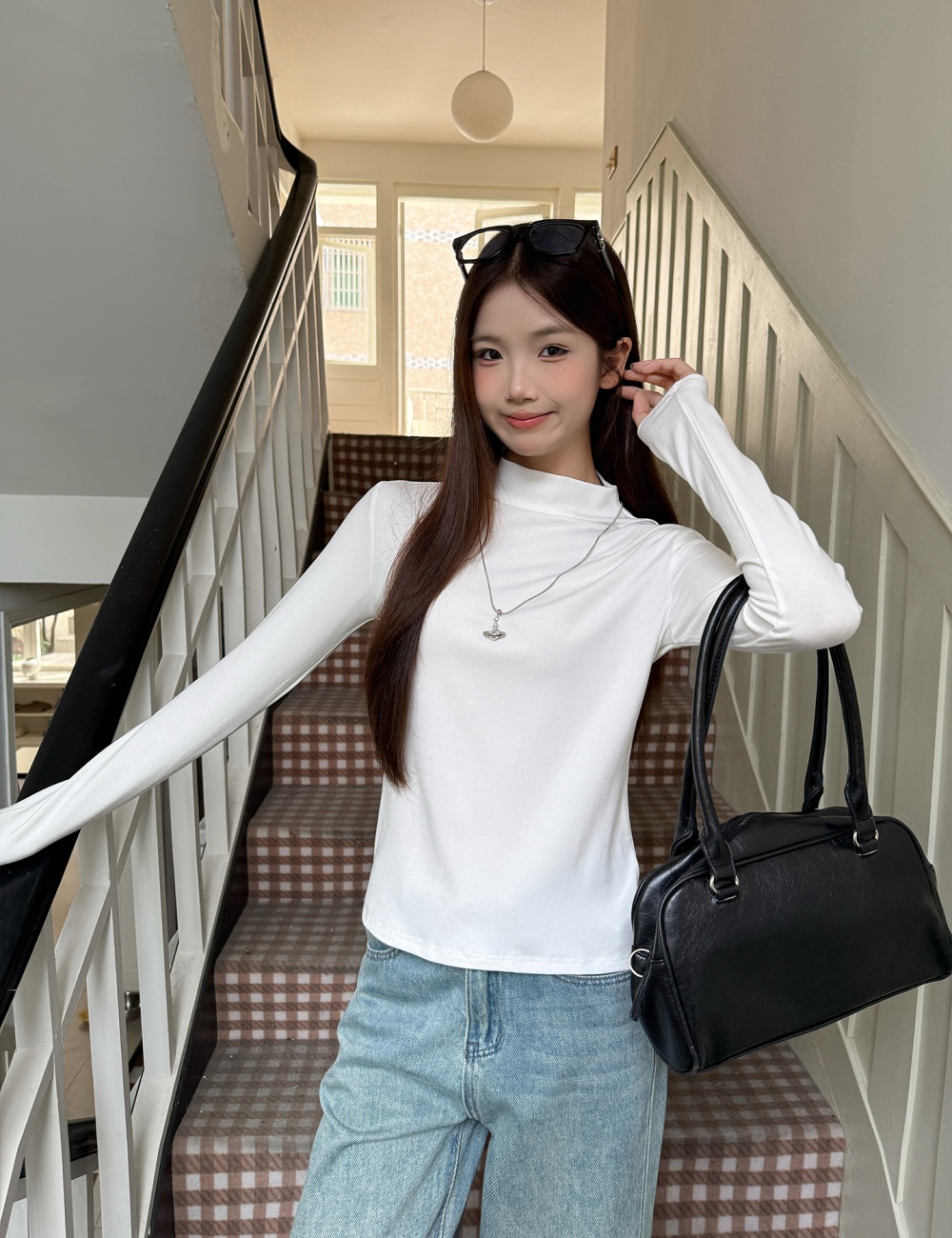 Autumn half high collar black long sleeve simple slim tops