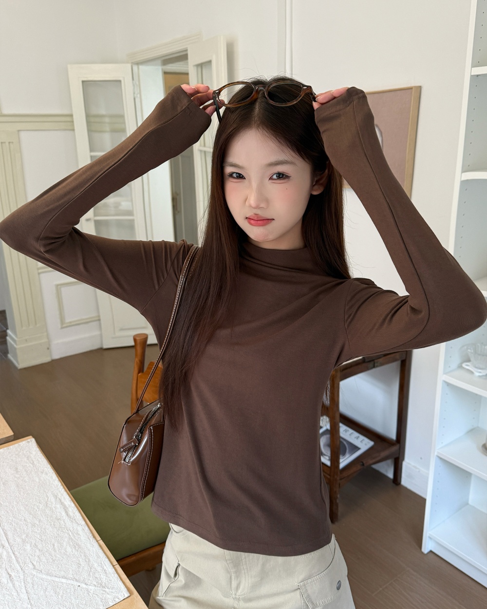 Autumn half high collar black long sleeve simple slim tops
