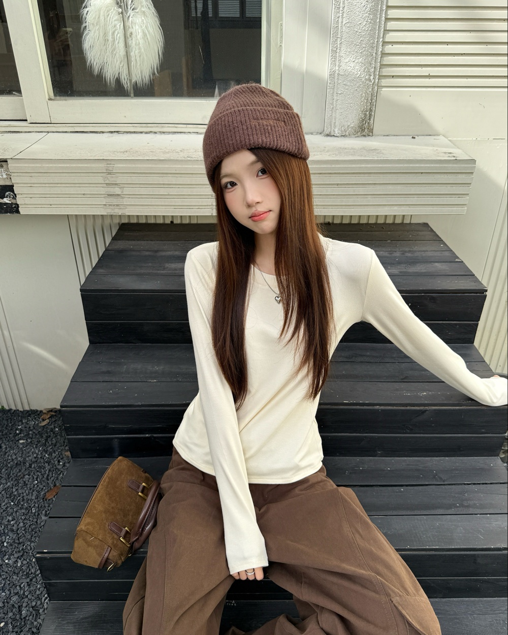 Long sleeve fresh white simple all-match T-shirt