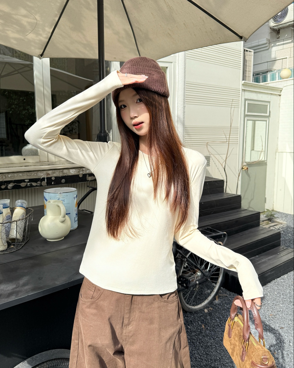 Long sleeve fresh white simple all-match T-shirt