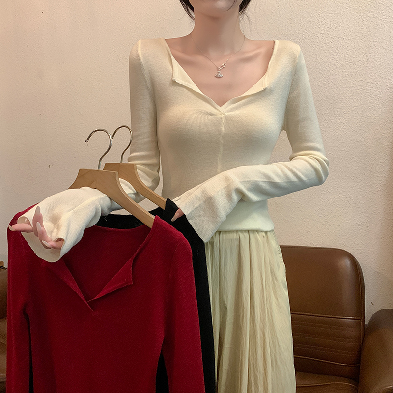 Thermal V-neck tops long sleeve sweater