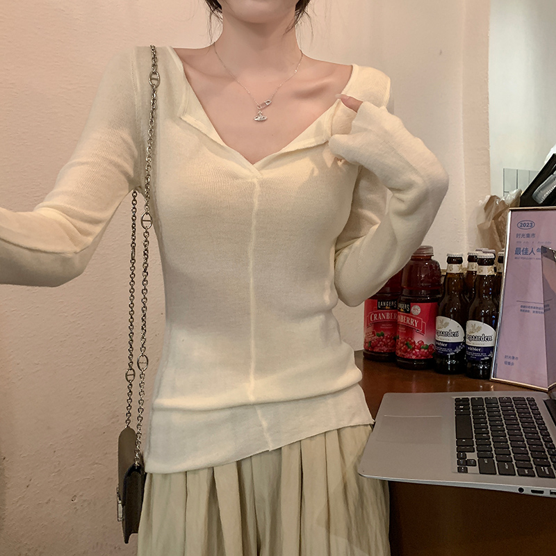 Thermal V-neck tops long sleeve sweater