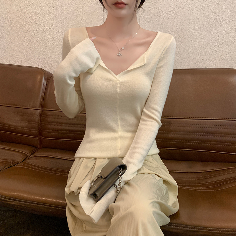 Thermal V-neck tops long sleeve sweater