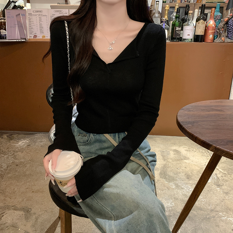 Thermal V-neck tops long sleeve sweater