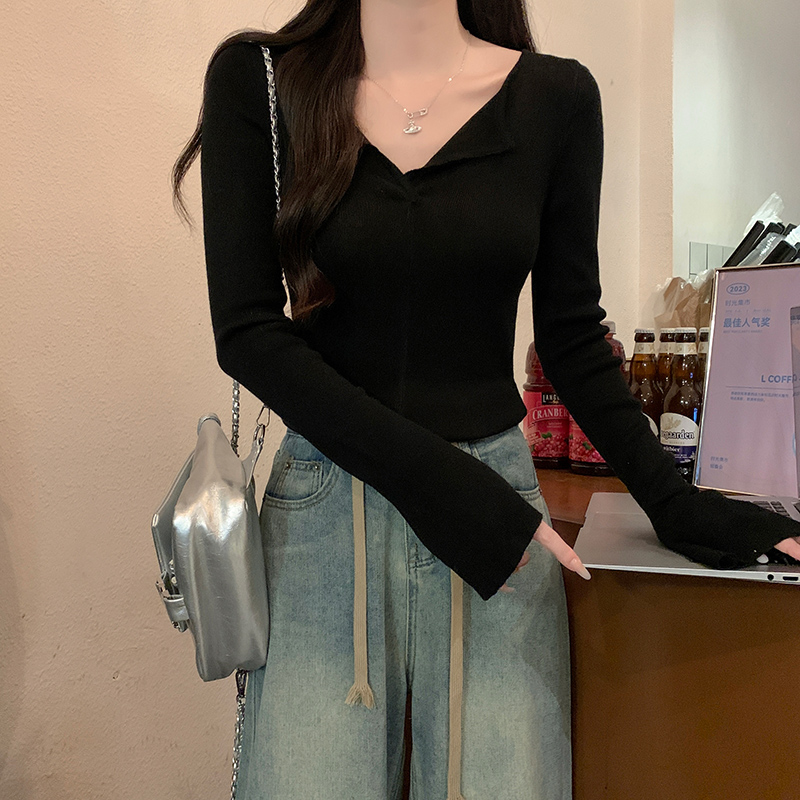 Thermal V-neck tops long sleeve sweater