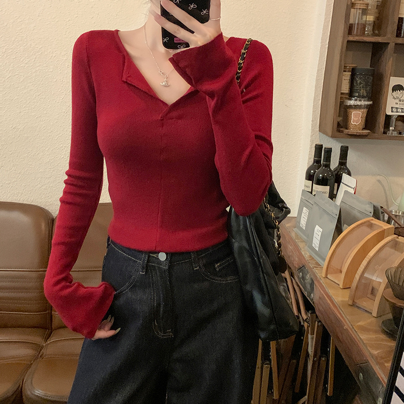 Thermal V-neck tops long sleeve sweater