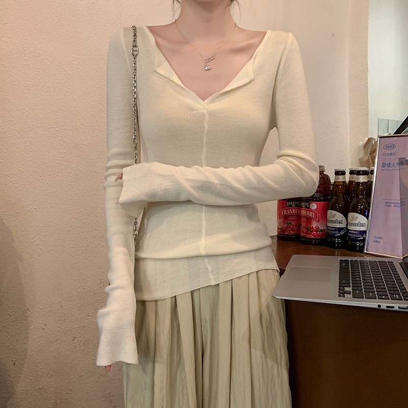 Thermal V-neck tops long sleeve sweater