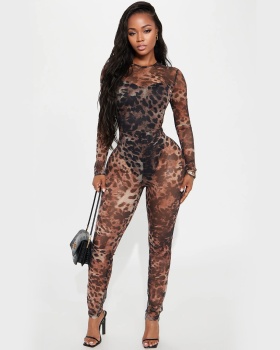 Printing gauze fashion perspective jumpsuit for women