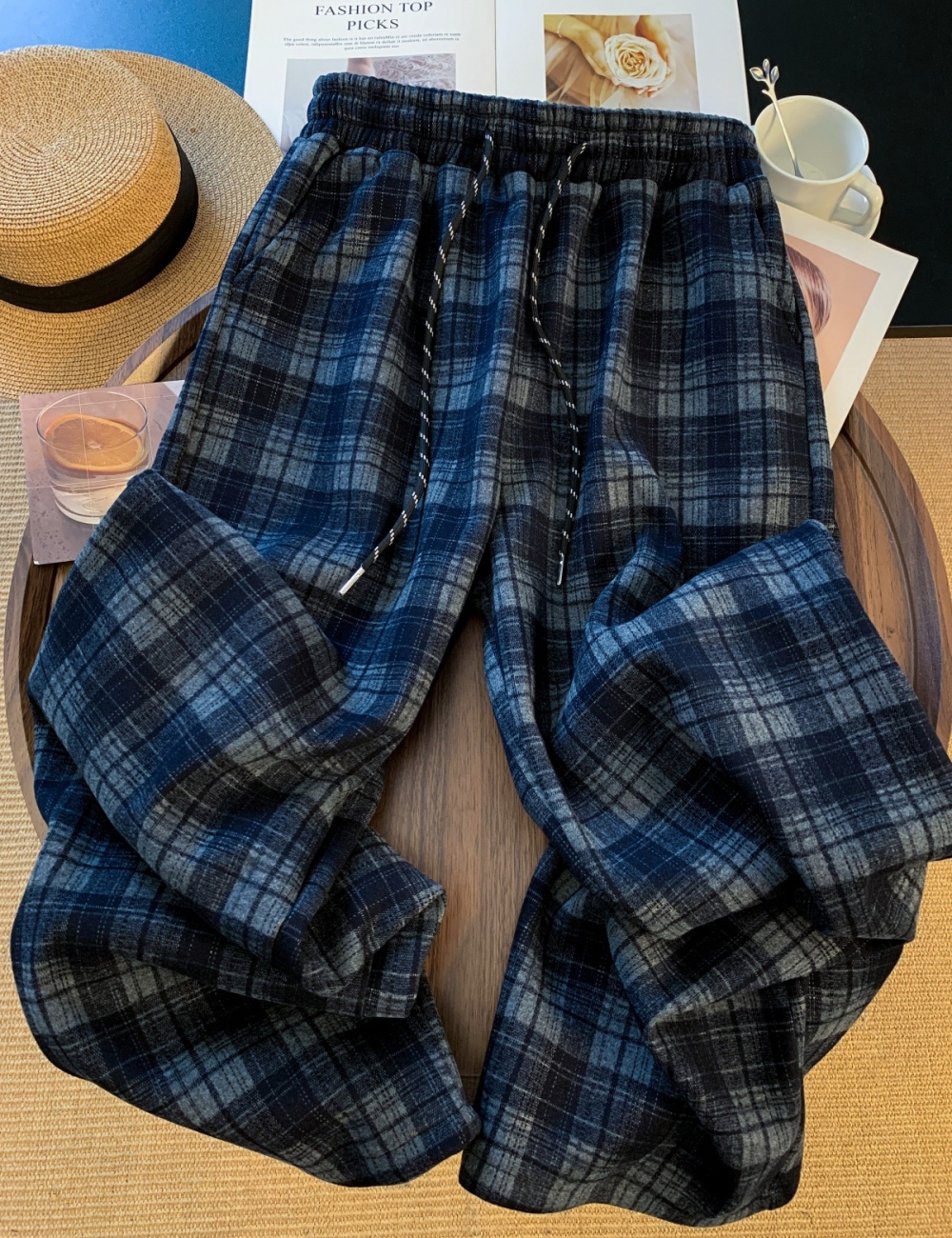 Mixed colors retro wide leg pants lazy plaid pants