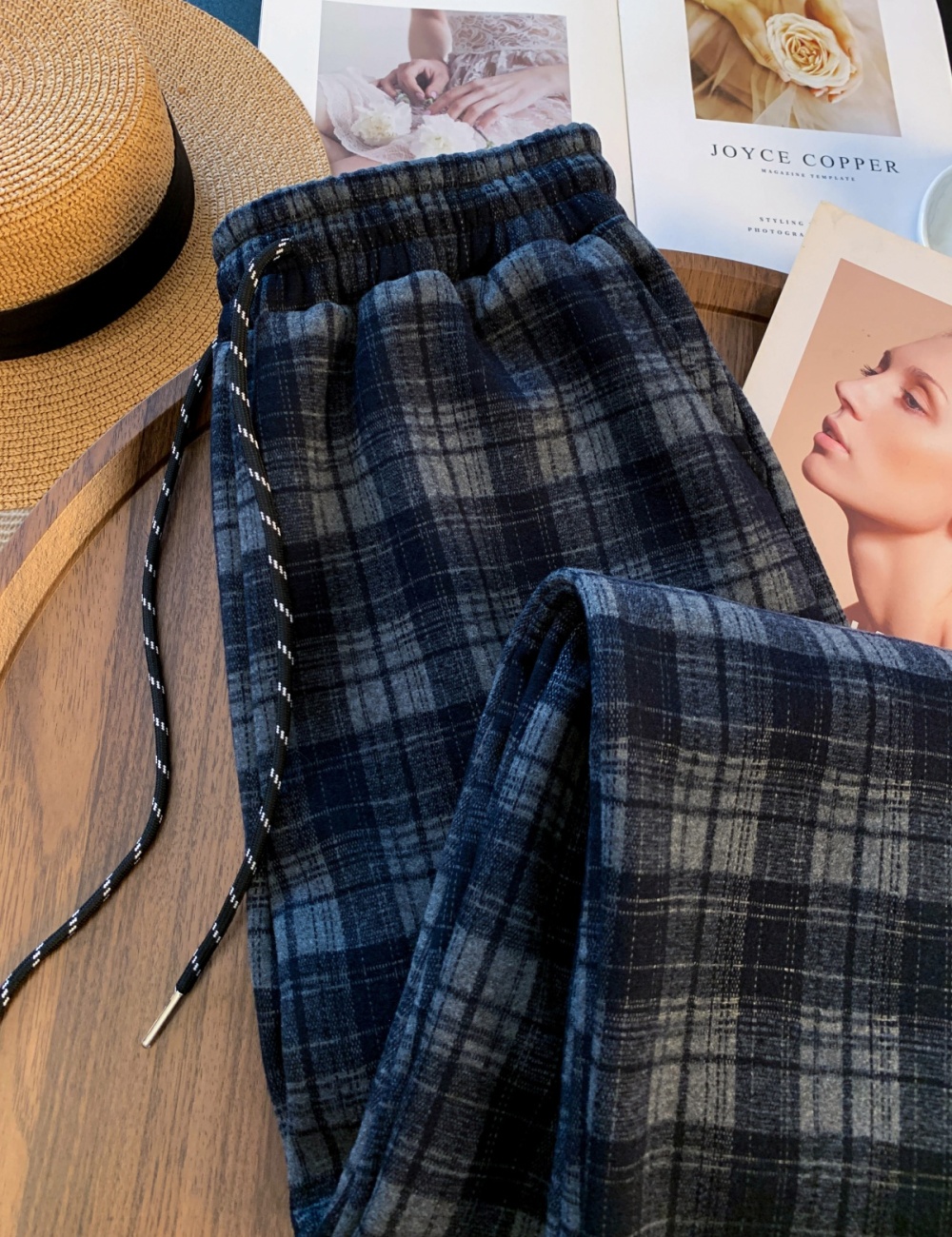 Mixed colors retro wide leg pants lazy plaid pants