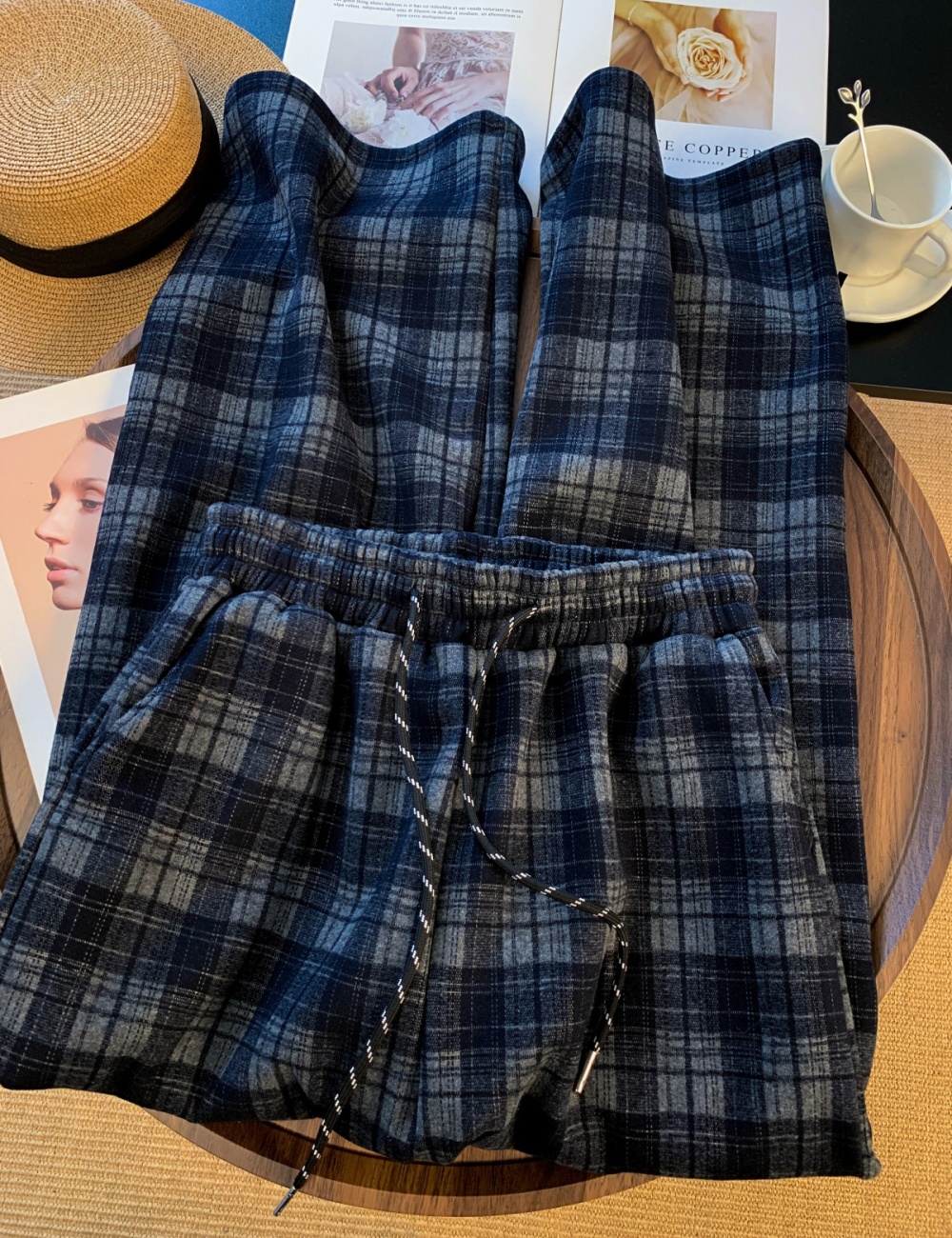 Mixed colors retro wide leg pants lazy plaid pants