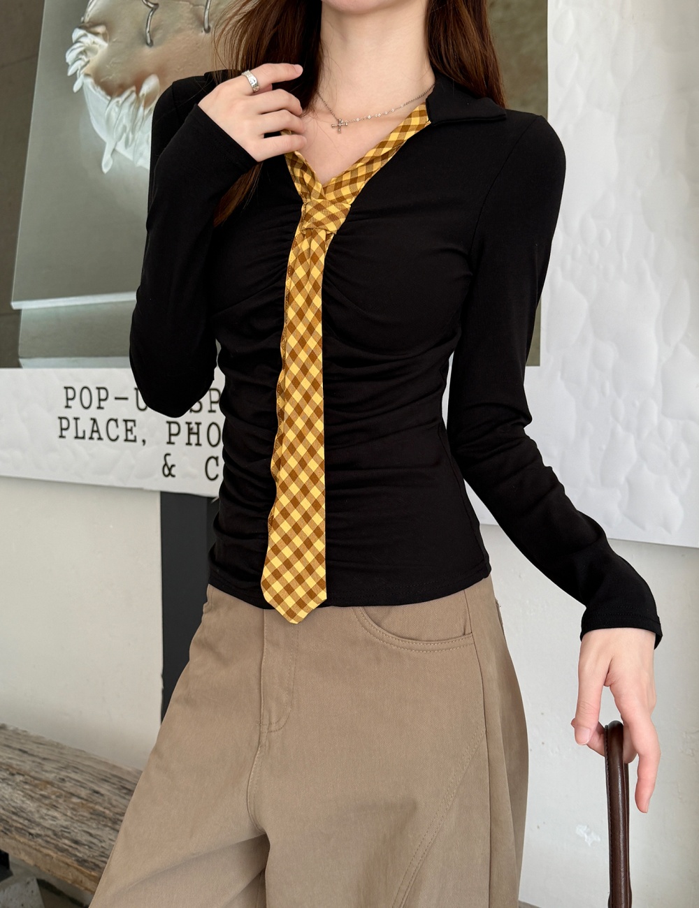 Fold long sleeve autumn retro T-shirt