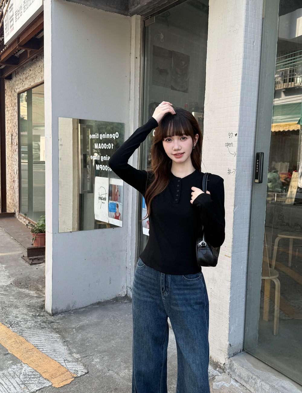 Autumn slim tops black buckle bottoming shirt