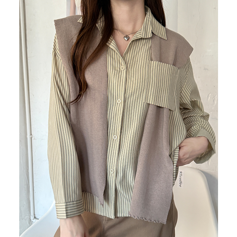 Autumn stripe loose tops Casual long sleeve shawl 2pcs set