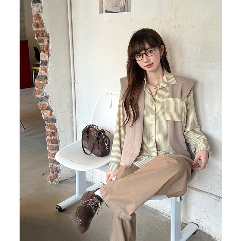 Autumn stripe loose tops Casual long sleeve shawl 2pcs set