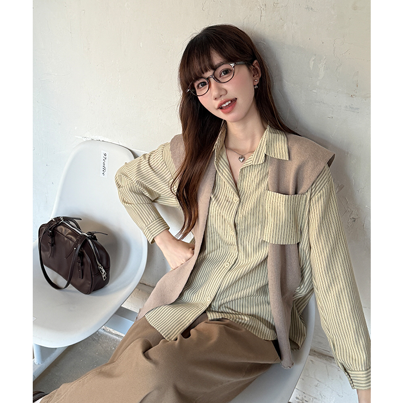 Autumn stripe loose tops Casual long sleeve shawl 2pcs set