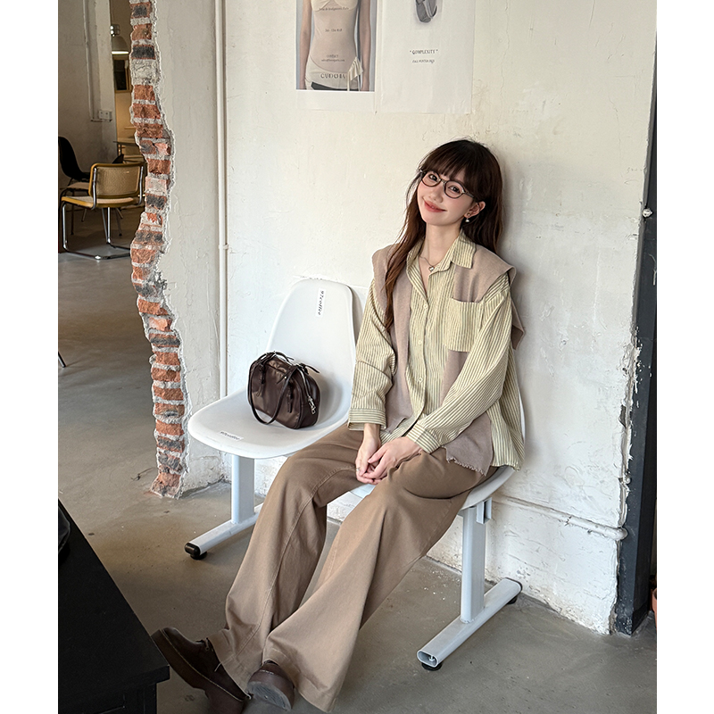 Autumn stripe loose tops Casual long sleeve shawl 2pcs set