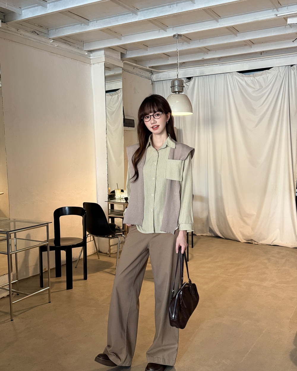 Autumn stripe loose tops Casual long sleeve shawl 2pcs set