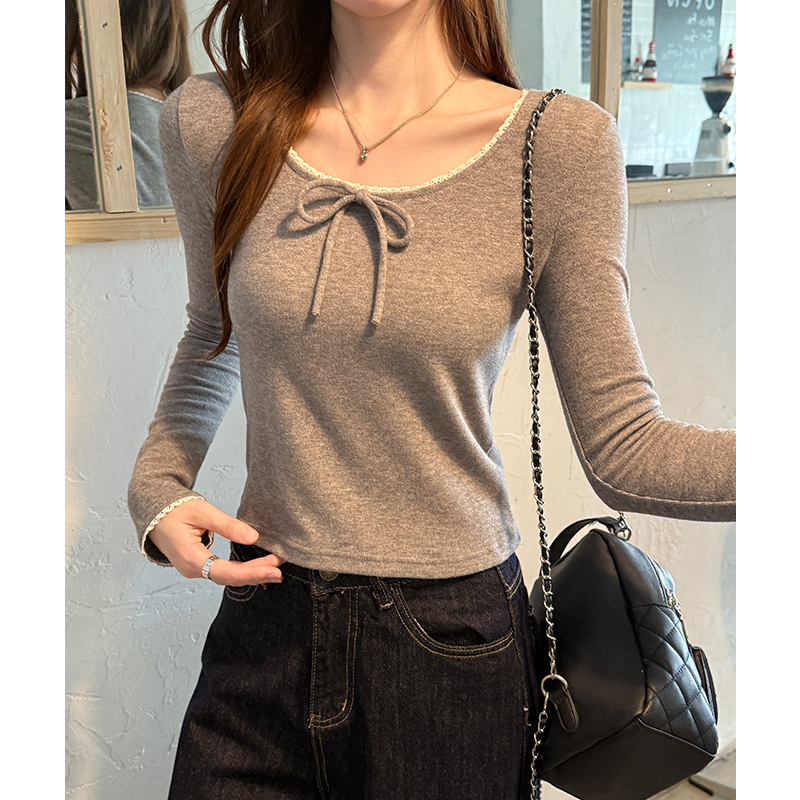 Long sleeve frenum slim T-shirt gray bow bottoming shirt