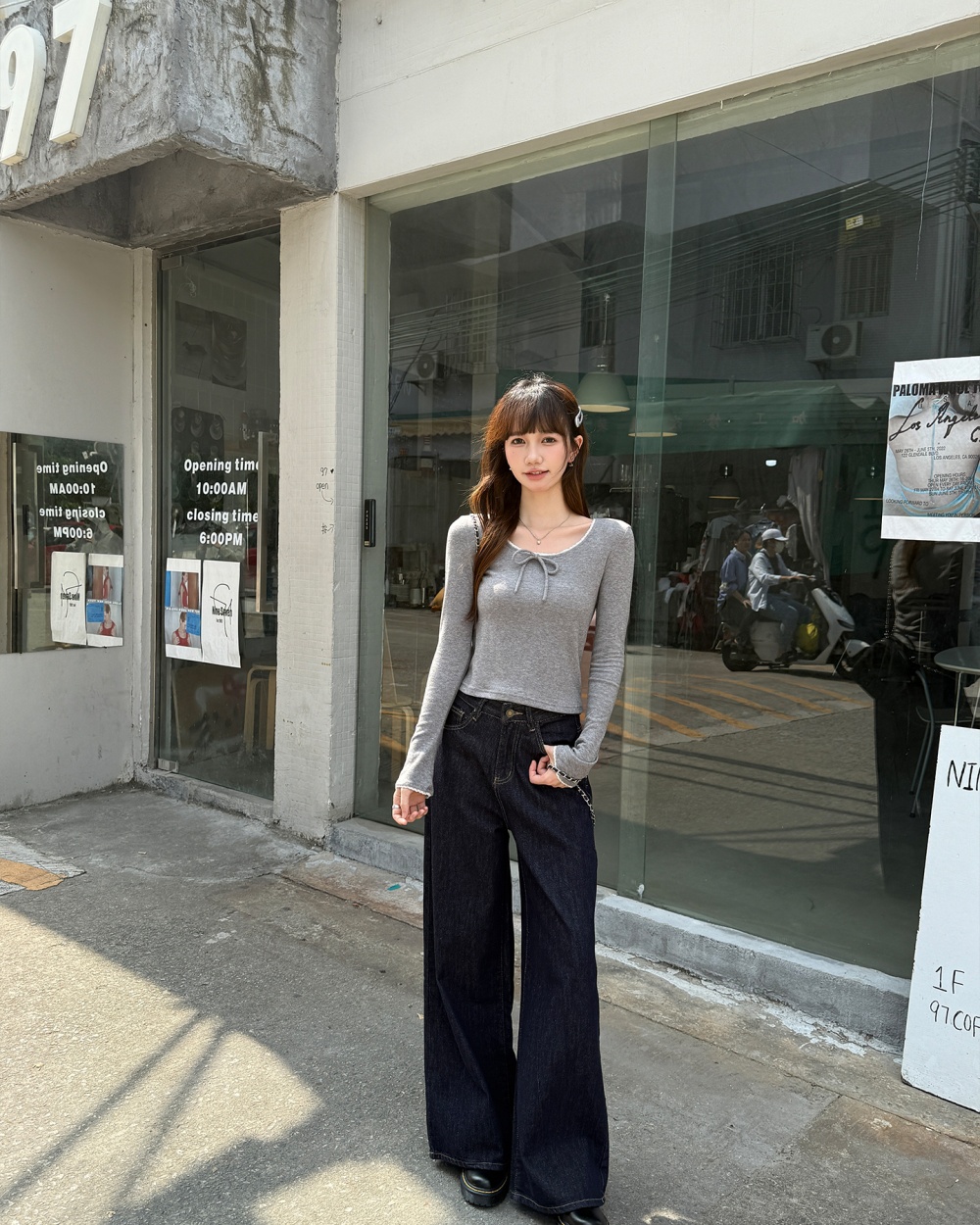 Long sleeve frenum slim T-shirt gray bow bottoming shirt