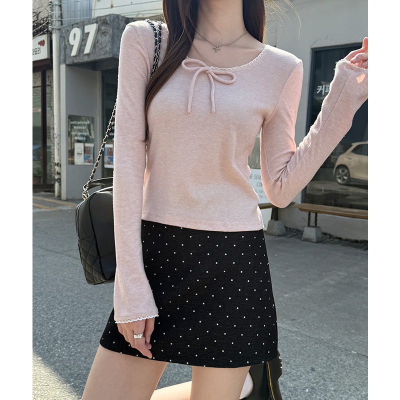 Long sleeve frenum slim T-shirt gray bow bottoming shirt