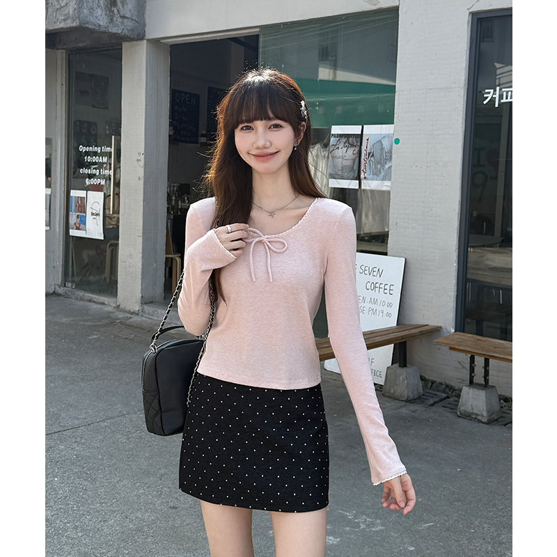 Long sleeve frenum slim T-shirt gray bow bottoming shirt